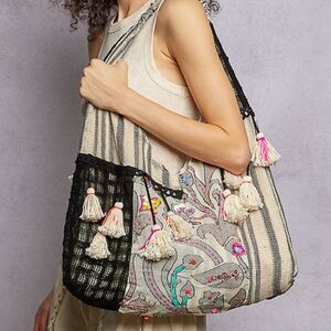 💕 NEW! Boho Tassel Embroidered Shoulder Bag - Cream & Black